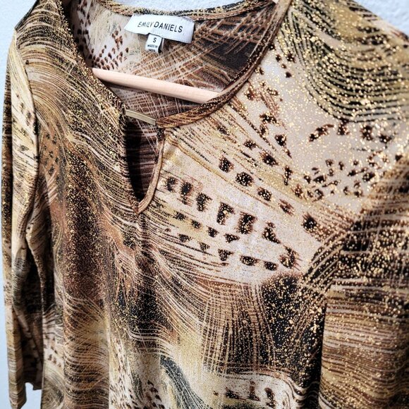Women's Emily Daniels Black & Brown with Gold Shimmer Abstract Print Top Size S - Picture 3 of 10
